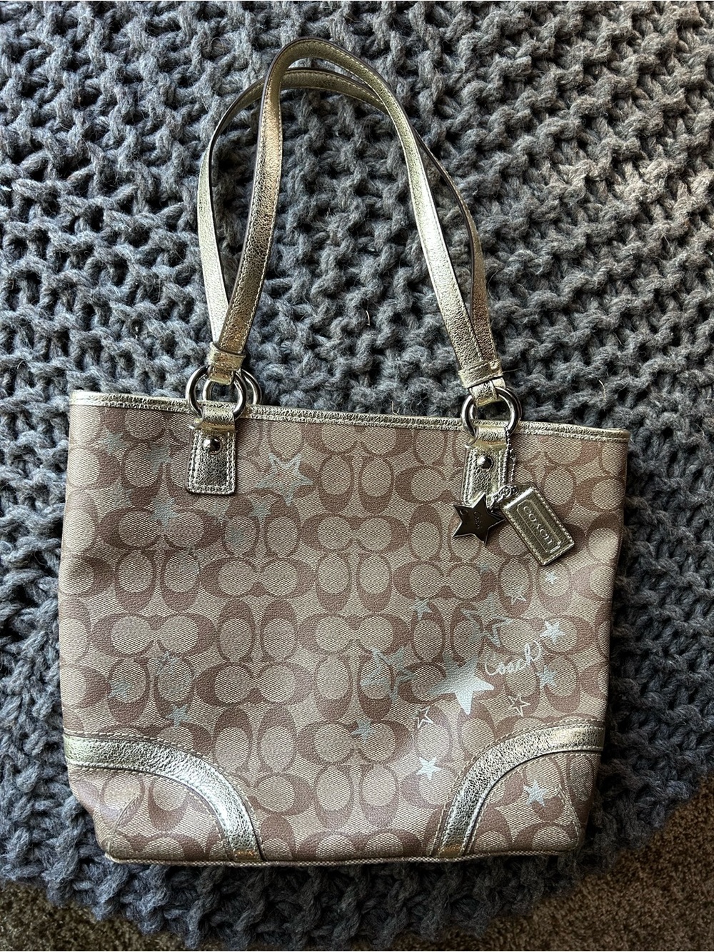 Coach Brown Signature Tote with Metallic Gold Accents